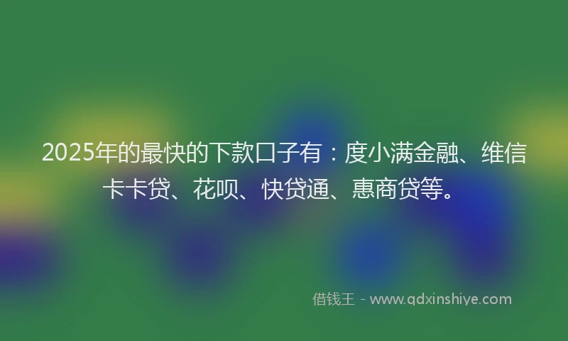 2025年的最快的下款口子有：度小满金融、维信卡卡贷、花呗、快贷通、惠商贷等。