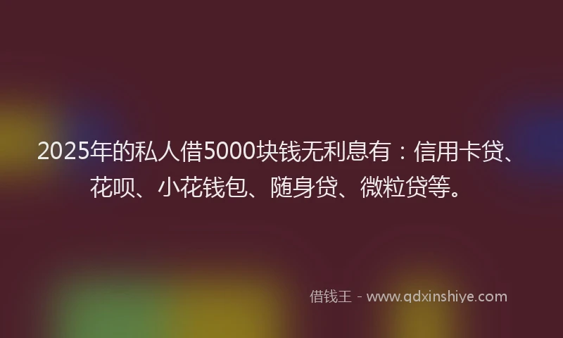 2025年的私人借5000块钱无利息有：信用卡贷、花呗、小花钱包、随身贷、微粒贷等。