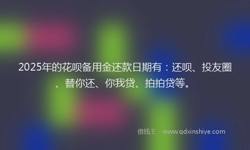 2025年的花呗备用金还款日期有：还呗、投友圈、替你还、你我贷、拍拍贷等。