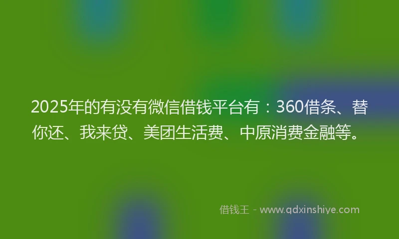 2025年的有没有微信借钱平台有:360借条、替你还、我来贷、美团生活费、中原消费金融等。