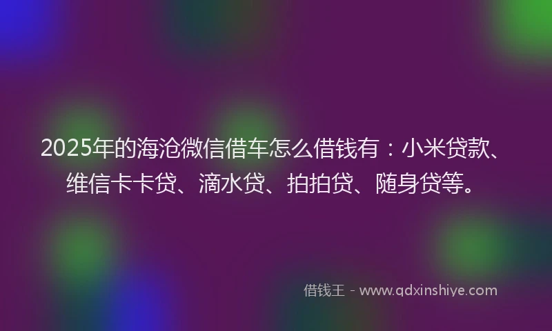 2025年的海沧微信借车怎么借钱有：小米贷款、维信卡卡贷、滴水贷、拍拍贷、随身贷等。