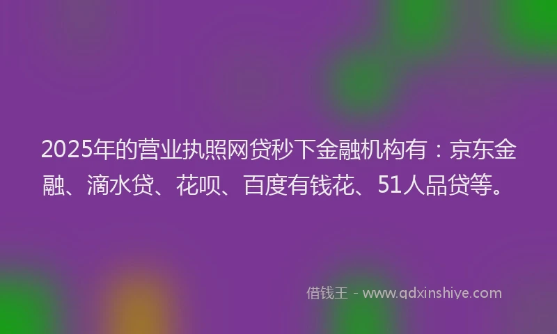 2025年的营业执照网贷秒下金融机构有：京东金融、滴水贷、花呗、百度有钱花、51人品贷等。