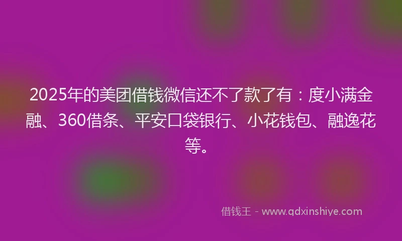 2025年的美团借钱微信还不了款了有：度小满金融、360借条、平安口袋银行、小花钱包、融逸花等。
