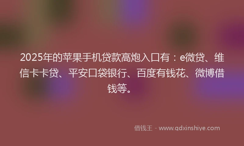 2025年的苹果手机贷款高炮入口有：e微贷、维信卡卡贷、平安口袋银行、百度有钱花、微博借钱等。