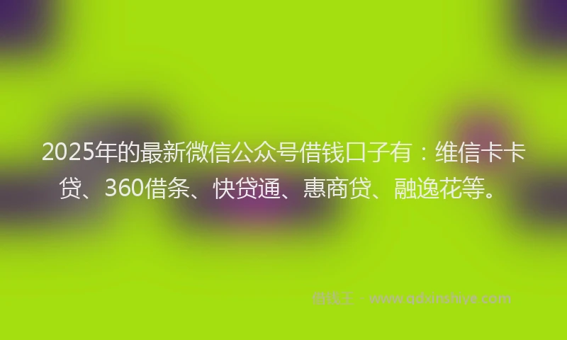 2025年的最新微信公众号借钱口子有：维信卡卡贷、360借条、快贷通、惠商贷、融逸花等。