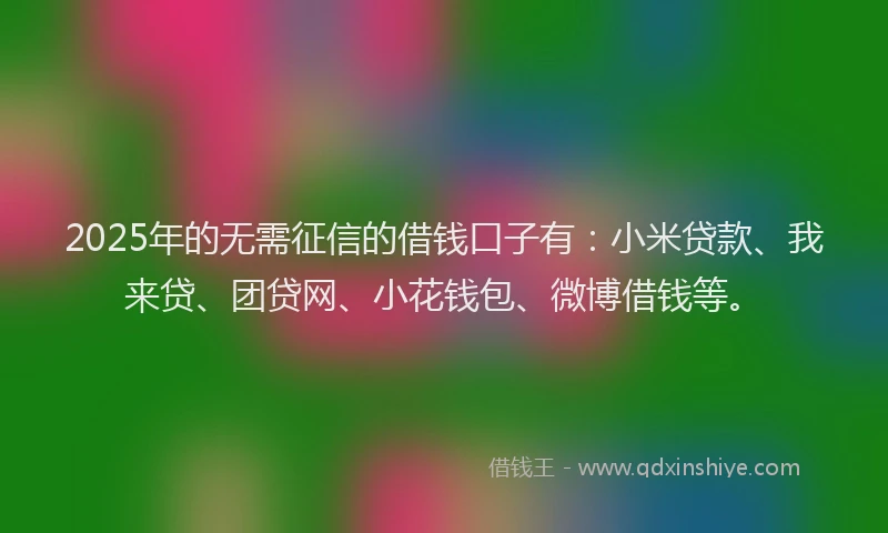 2025年的无需征信的借钱口子有：小米贷款、我来贷、团贷网、小花钱包、微博借钱等。