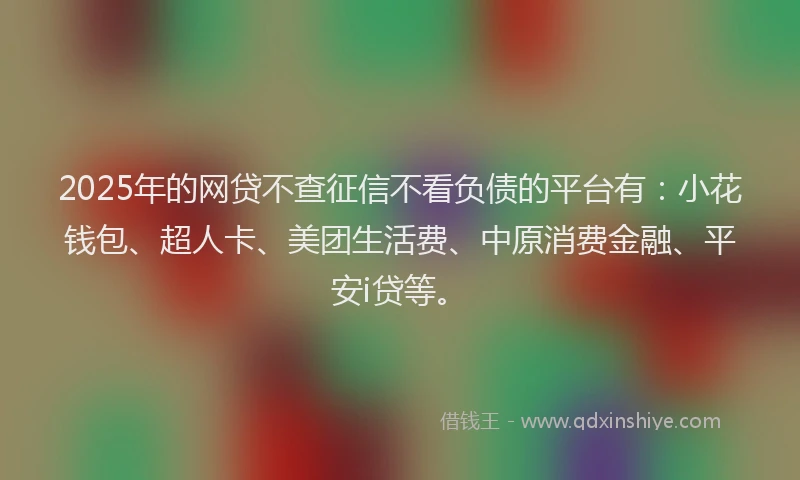 2025年的网贷不查征信不看负债的平台有：小花钱包、超人卡、美团生活费、中原消费金融、平安i贷等。