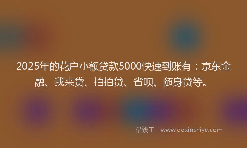2025年的花户小额贷款5000快速到账有：京东金融、我来贷、拍拍贷、省呗、随身贷等。