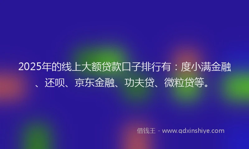 2025年的线上大额贷款口子排行有：度小满金融、还呗、京东金融、功夫贷、微粒贷等。