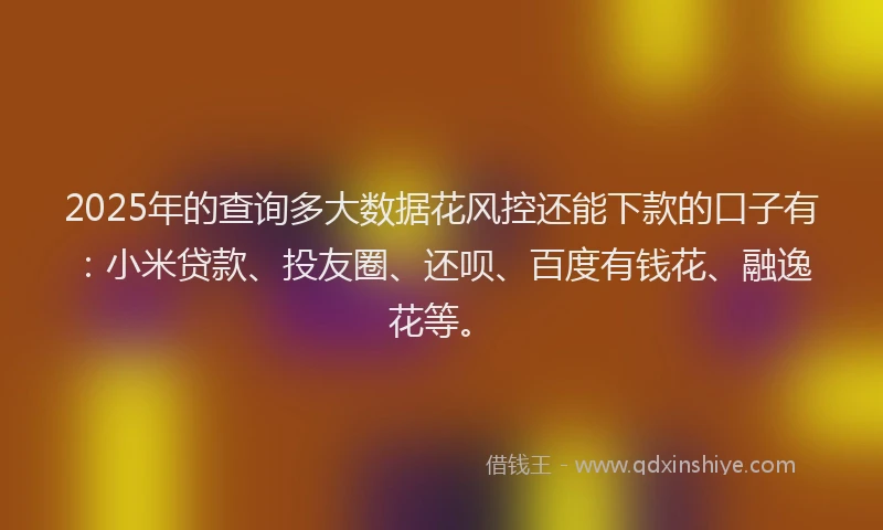 2025年的查询多大数据花风控还能下款的口子有：小米贷款、投友圈、还呗、百度有钱花、融逸花等。
