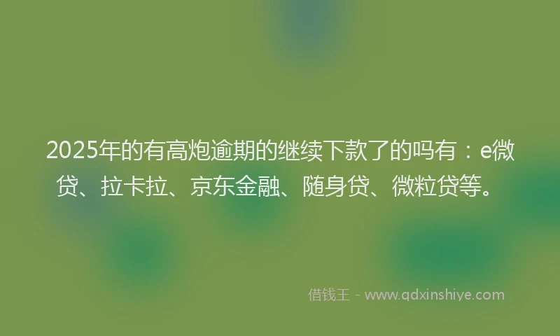 2025年的有高炮逾期的继续下款了的吗有：e微贷、拉卡拉、京东金融、随身贷、微粒贷等。