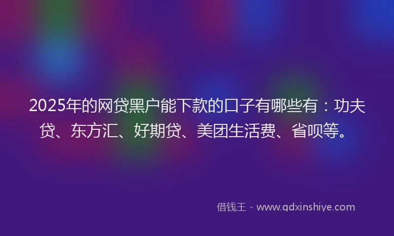 2025年的网贷黑户能下款的口子有哪些有:功夫贷、东方汇、好期贷、美团生活费、省呗等。