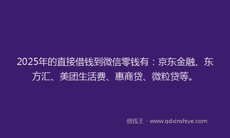 2025年的直接借钱到微信零钱有：京东金融、东方汇、美团生活费、惠商贷、微粒贷等。