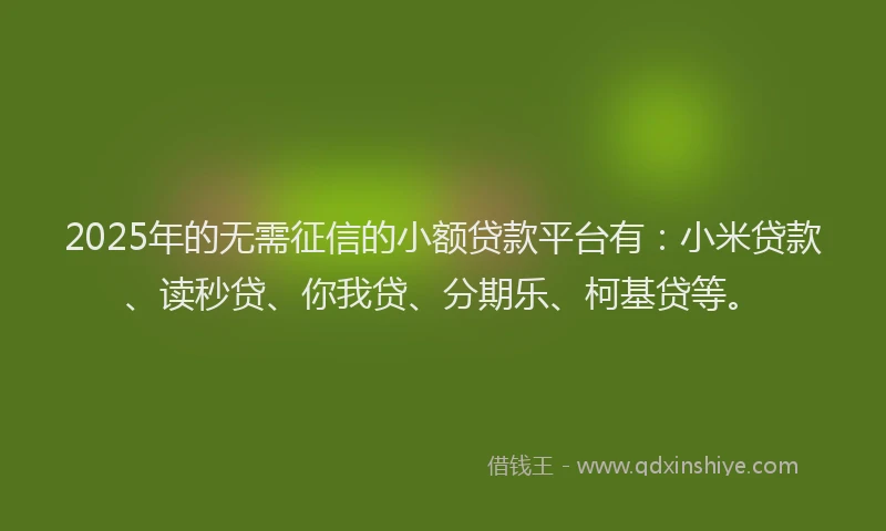 2025年的无需征信的小额贷款平台有：小米贷款、读秒贷、你我贷、分期乐、柯基贷等。