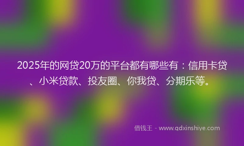 2025年的网贷20万的平台都有哪些有：信用卡贷、小米贷款、投友圈、你我贷、分期乐等。
