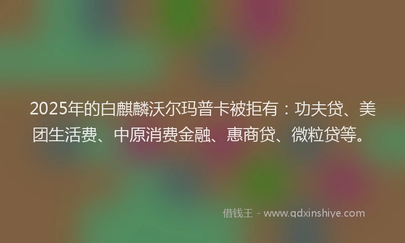 2025年的白麒麟沃尔玛普卡被拒有：功夫贷、美团生活费、中原消费金融、惠商贷、微粒贷等。