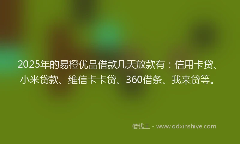2025年的易橙优品借款几天放款有：信用卡贷、小米贷款、维信卡卡贷、360借条、我来贷等。