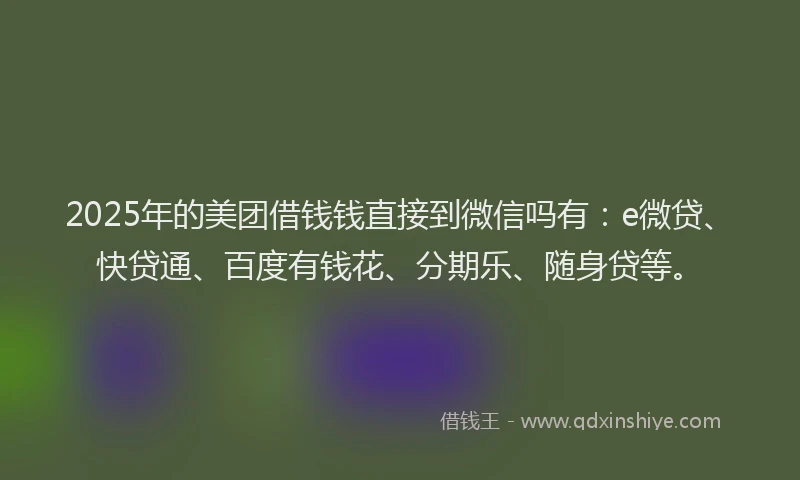 2025年的美团借钱钱直接到微信吗有：e微贷、快贷通、百度有钱花、分期乐、随身贷等。