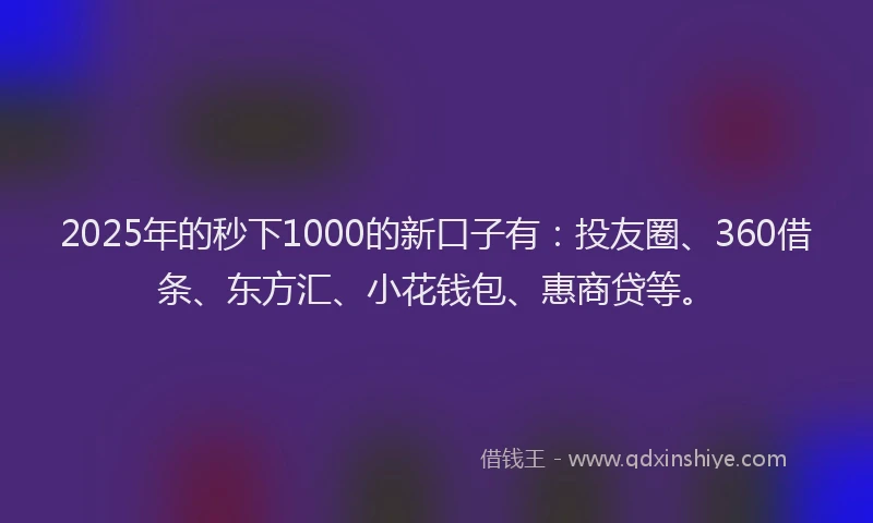 2025年的秒下1000的新口子有：投友圈、360借条、东方汇、小花钱包、惠商贷等。