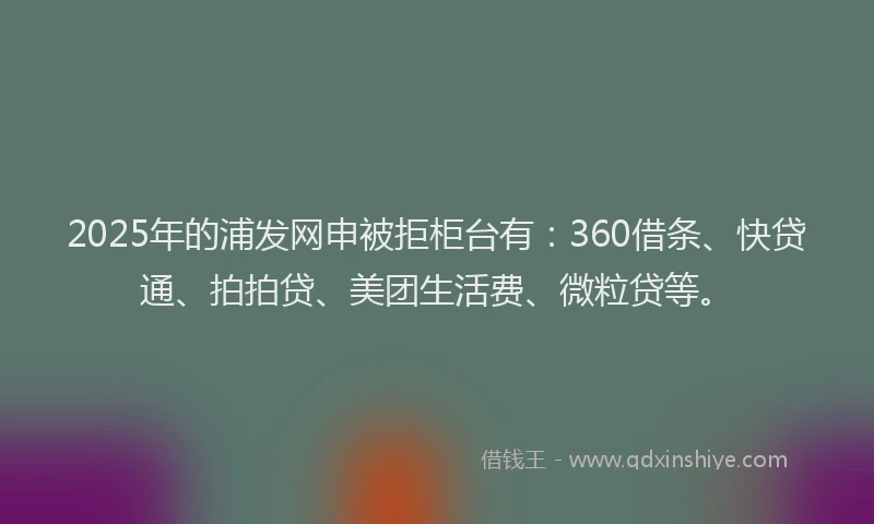 2025年的浦发网申被拒柜台有：360借条、快贷通、拍拍贷、美团生活费、微粒贷等。