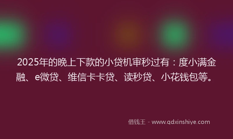 2025年的晚上下款的小贷机审秒过有：度小满金融、e微贷、维信卡卡贷、读秒贷、小花钱包等。