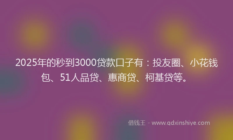 2025年的秒到3000贷款口子有：投友圈、小花钱包、51人品贷、惠商贷、柯基贷等。