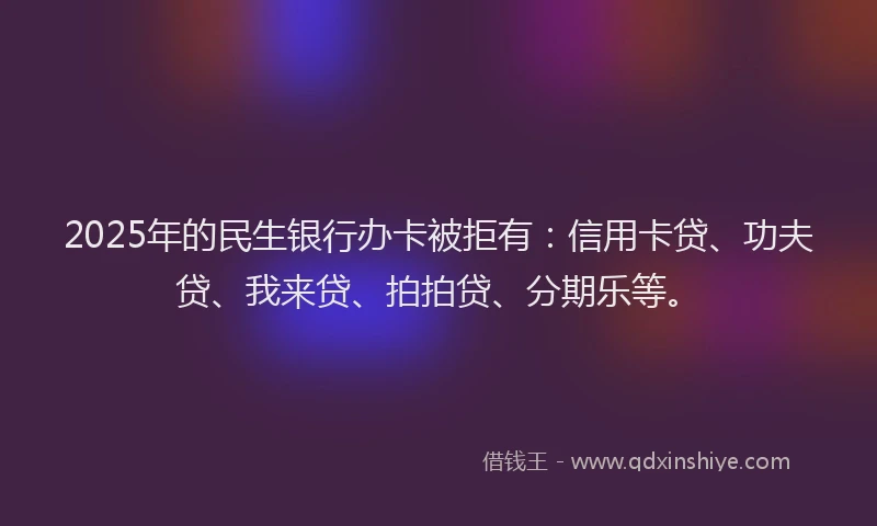2025年的民生银行办卡被拒有：信用卡贷、功夫贷、我来贷、拍拍贷、分期乐等。
