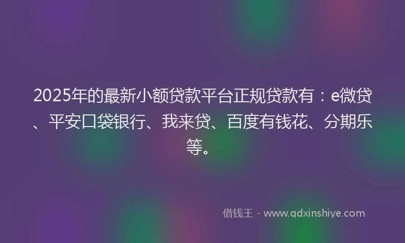 2025年的最新小额贷款平台正规贷款有：e微贷、平安口袋银行、我来贷、百度有钱花、分期乐等。