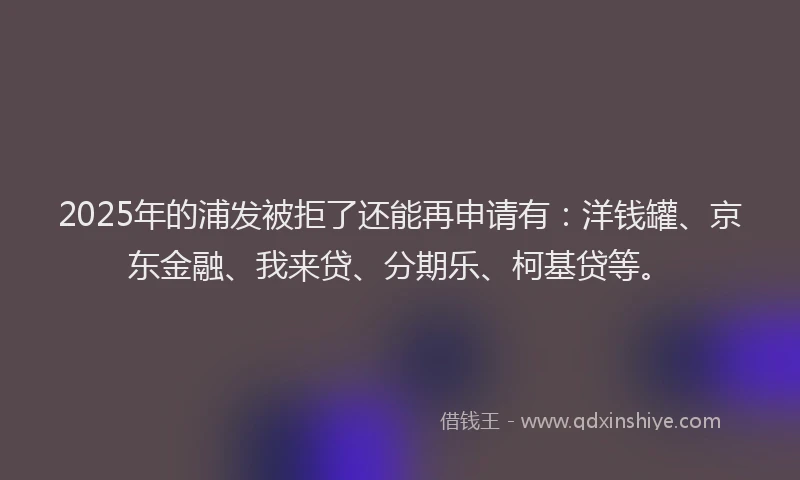 2025年的浦发被拒了还能再申请有：洋钱罐、京东金融、我来贷、分期乐、柯基贷等。