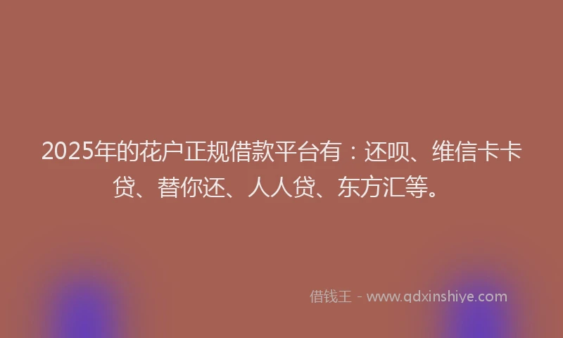 2025年的花户正规借款平台有：还呗、维信卡卡贷、替你还、人人贷、东方汇等。