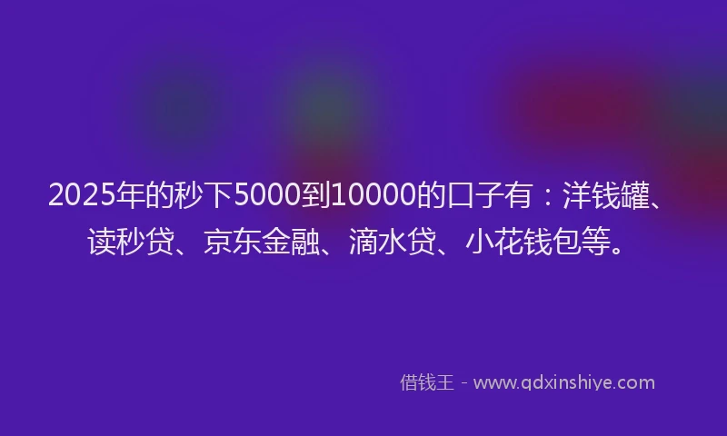 2025年的秒下5000到10000的口子有：洋钱罐、读秒贷、京东金融、滴水贷、小花钱包等。