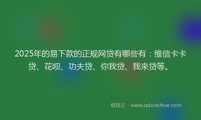 2025年的易下款的正规网贷有哪些有：维信卡卡贷、花呗、功夫贷、你我贷、我来贷等。