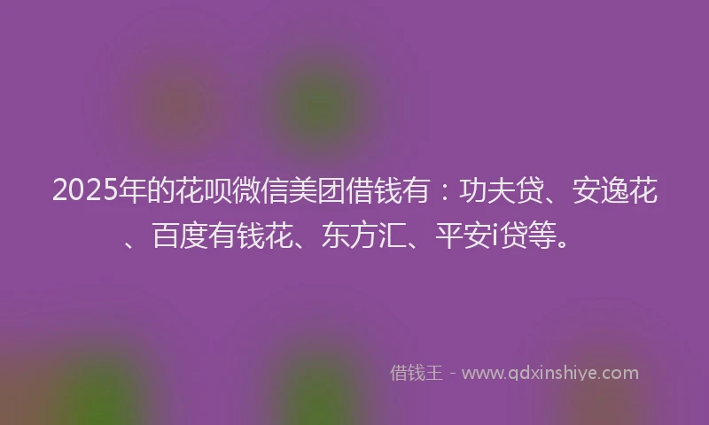 2025年的花呗微信美团借钱有：功夫贷、安逸花、百度有钱花、东方汇、平安i贷等。