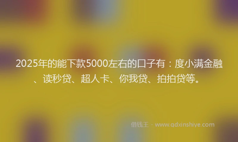 2025年的能下款5000左右的口子有：度小满金融、读秒贷、超人卡、你我贷、拍拍贷等。