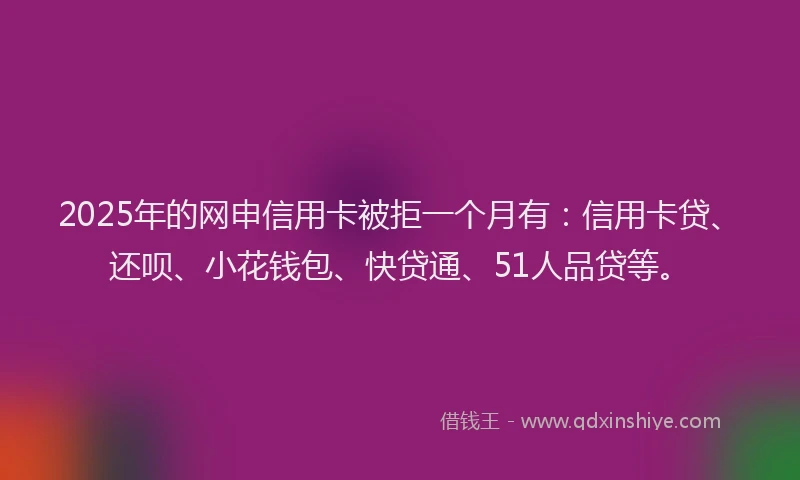 2025年的网申信用卡被拒一个月有：信用卡贷、还呗、小花钱包、快贷通、51人品贷等。