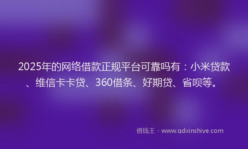 2025年的网络借款正规平台可靠吗有：小米贷款、维信卡卡贷、360借条、好期贷、省呗等。