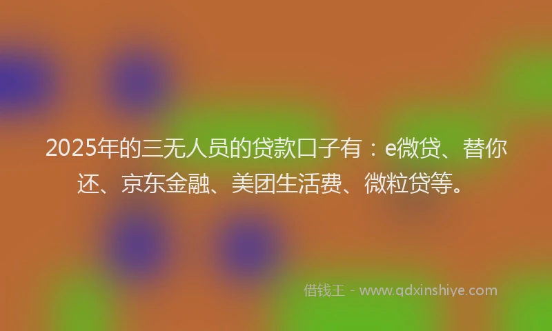 2025年的三无人员的贷款口子有：e微贷、替你还、京东金融、美团生活费、微粒贷等。