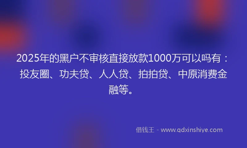 2025年的黑户不审核直接放款1000万可以吗有：投友圈、功夫贷、人人贷、拍拍贷、中原消费金融等。