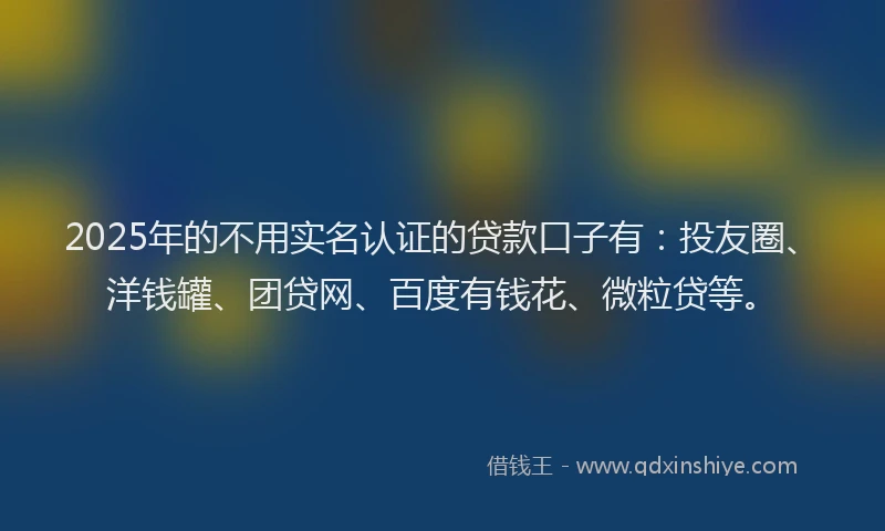 2025年的不用实名认证的贷款口子有：投友圈、洋钱罐、团贷网、百度有钱花、微粒贷等。