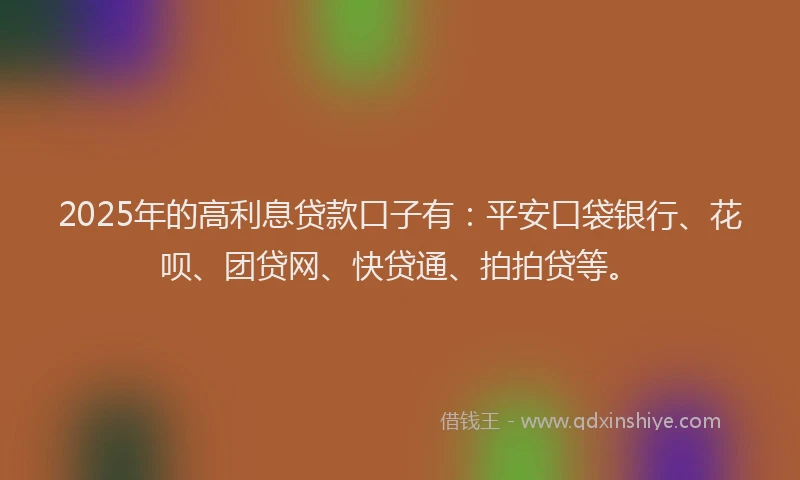 2025年的高利息贷款口子有：平安口袋银行、花呗、团贷网、快贷通、拍拍贷等。