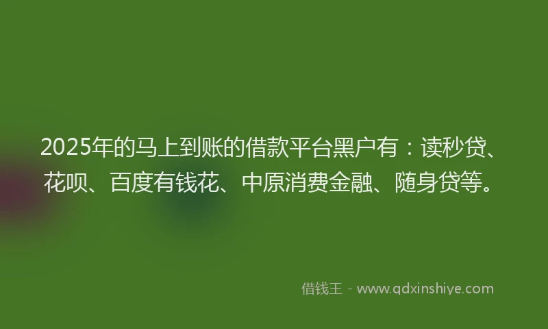 2025年的马上到账的借款平台黑户有：读秒贷、花呗、百度有钱花、中原消费金融、随身贷等。