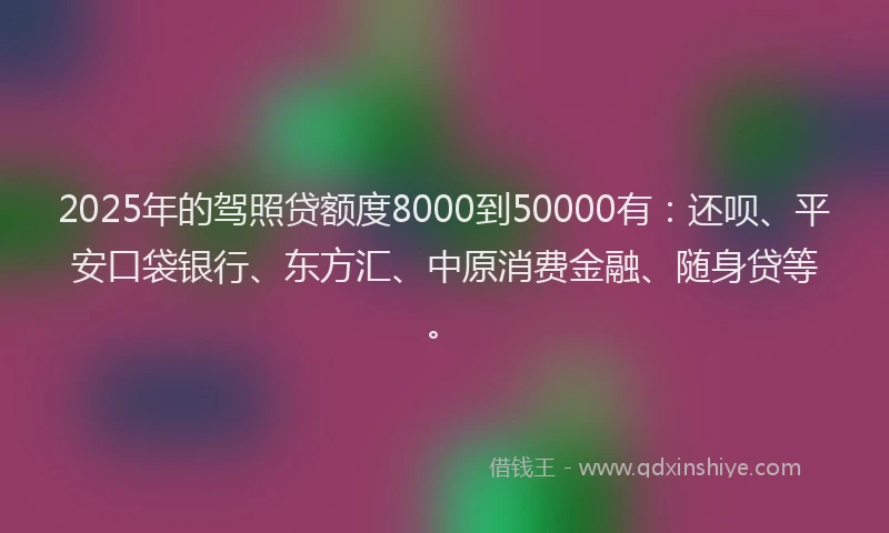 2025年的驾照贷额度8000到50000有：还呗、平安口袋银行、东方汇、中原消费金融、随身贷等。