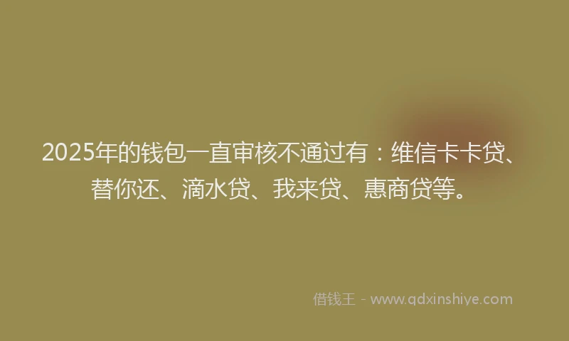 2025年的钱包一直审核不通过有：维信卡卡贷、替你还、滴水贷、我来贷、惠商贷等。