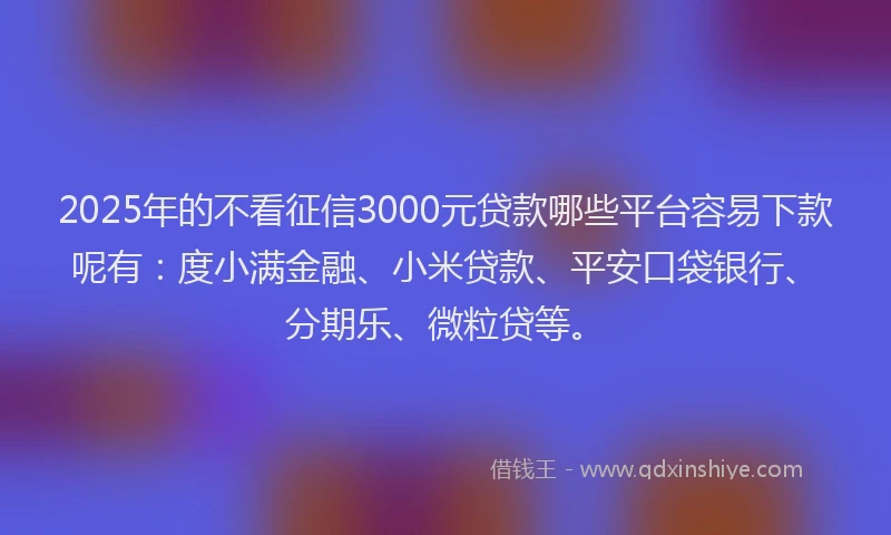 2025年的不看征信3000元贷款哪些平台容易下款呢有：度小满金融、小米贷款、平安口袋银行、分期乐、微粒贷等。