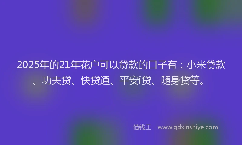 2025年的21年花户可以贷款的口子有：小米贷款、功夫贷、快贷通、平安i贷、随身贷等。