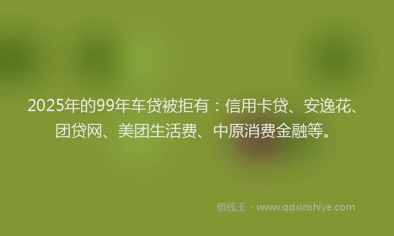 2025年的99年车贷被拒有：信用卡贷、安逸花、团贷网、美团生活费、中原消费金融等。
