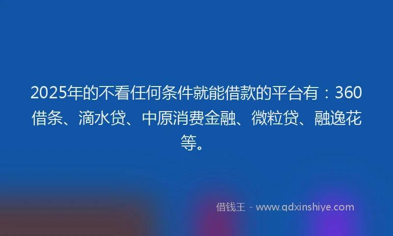 2025年的不看任何条件就能借款的平台有：360借条、滴水贷、中原消费金融、微粒贷、融逸花等。
