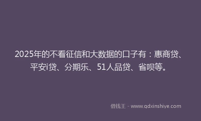 2025年的不看征信和大数据的口子有：惠商贷、平安i贷、分期乐、51人品贷、省呗等。