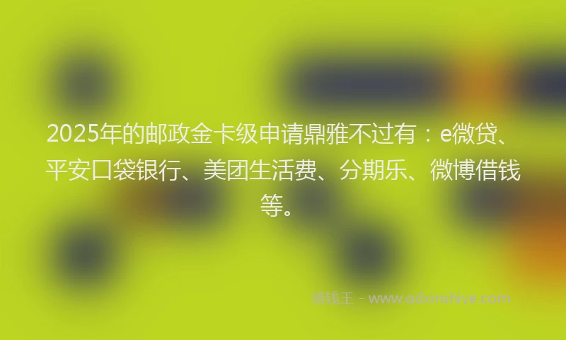 2025年的邮政金卡级申请鼎雅不过有：e微贷、平安口袋银行、美团生活费、分期乐、微博借钱等。