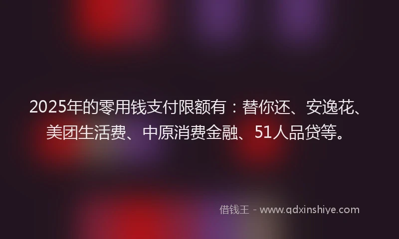 2025年的零用钱支付限额有：替你还、安逸花、美团生活费、中原消费金融、51人品贷等。